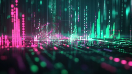 Glowing candlestick chart in neon green and pink, with futuristic numbers and grids for 2025.