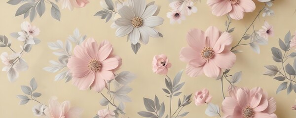 Minimalist modern floral pattern in pale grey and blush pink shades on a creamy yellow surface, modern, pattern