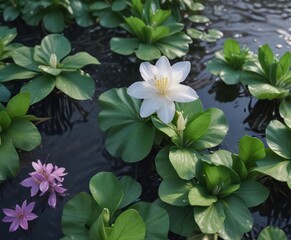 Jasmine flower floating amidst a bed of water hyacinths, lotus flower, aquatic flora
