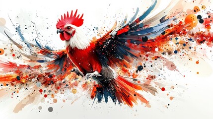 Vibrant Rooster in Flight with Colorful Abstract Splashes, Showcasing Dynamic Feathers and Expressive Movement, Capturing the Essence of Freedom and Nature's Beauty