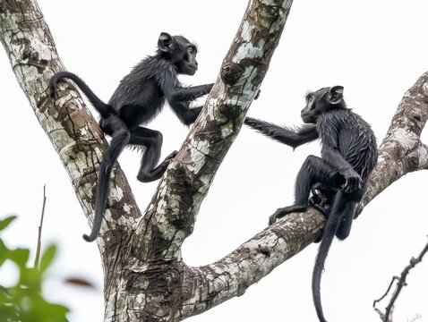 Two Black Monkeys Playing on a Tree Branch