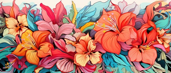 beautiful Abstract art of tropical flowers in bold, vibrant colors, with geometric patterns and a modern vibe for an artistic wallpaper design