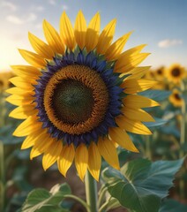 Obraz premium A blue and yellow sunflower in a bright field, garden, warm