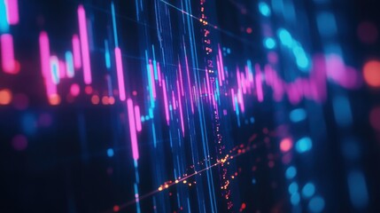 Glowing neon candlestick chart in 2025 with a deep blue background and luminous lines.