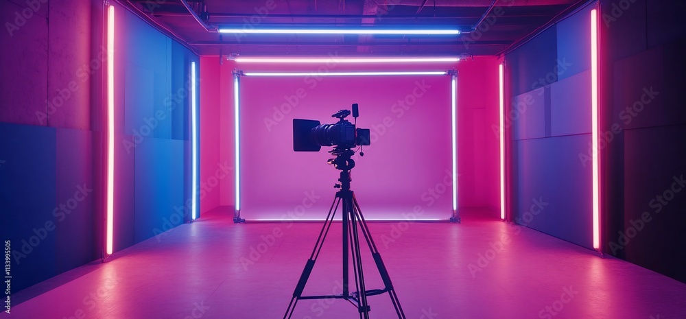 Poster A camera setup in a vibrant studio with colorful lighting.