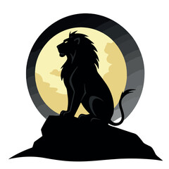 Silhouette of a lion Sitting on a Hill in Front of a Full Moon, Black Vector Isolated on White Background