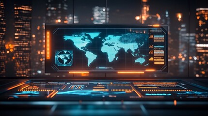 Obraz premium Futuristic News Interface with Holographic Displays and World Map Interactive Controls in Sleek Minimalist Design