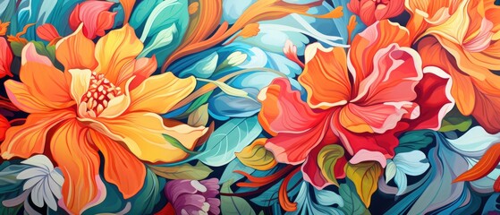 beautiful Abstract art of tropical flowers in bold, vibrant colors, with geometric patterns and a modern vibe for an artistic wallpaper design