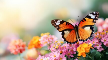 Fototapeta premium Vibrant Orange Butterfly Perched on Colorful Flowers in a Sunny Garden Set Against a Soft Blurred Background of Nature's Beauty and Serenity