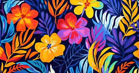 Obraz premium beautiful Abstract art pattern with vibrant tropical flowers and leaves in bold colors