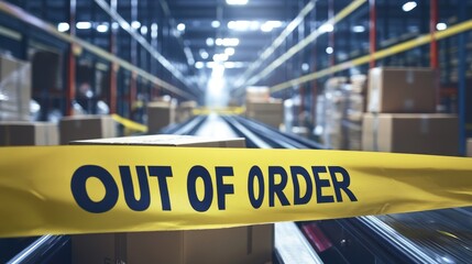 Distribution Warehouse Conveyor Belt Out Of Order, Shipping And Delivery Industry Problems Concept
