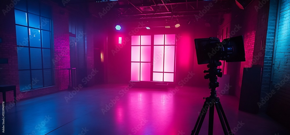 Poster a dimly lit studio with colorful lights and a camera setup for filming.