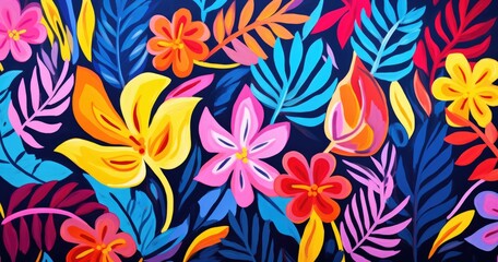Fototapeta premium beautiful Abstract art pattern with vibrant tropical flowers and leaves in bold colors