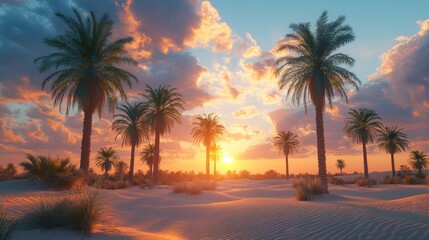 Sunset Oasis: Palm Trees Silhouetted Against a Vibrant Desert Sky