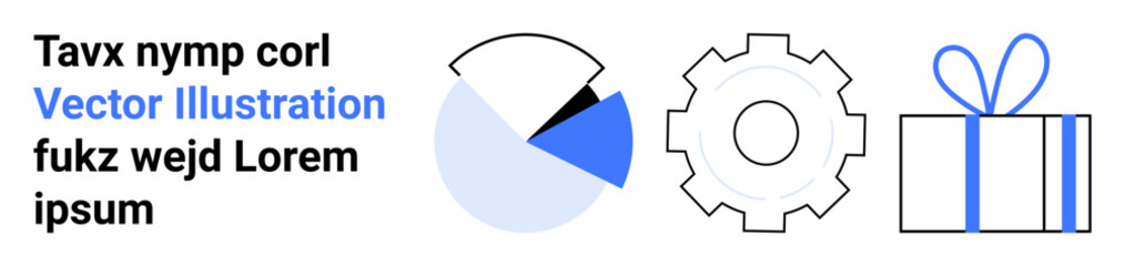 Pie chart with segments, gear for workflow or setting representation, and gift box with ribbon. Ideal for business, data analytics, operations, productivity, automation rewards e-commerce. Landing