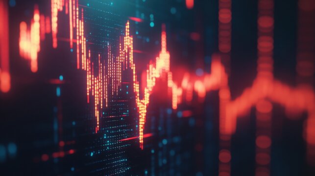 Macro view of a candlestick chart on a high-tech screen showing rapid changes in stock prices.