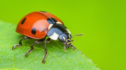 Naklejka premium Vibrant Ladybug Crawling on Fresh Green Leaf with Delicate Details and Nature's Colors Showcasing the Beauty of Insects in Their Natural Habitat