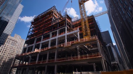A steel and glass commercial structure midway through construction, with unfinished walls and cranes towering above