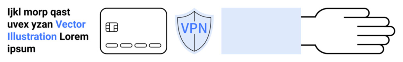 Text block next to a credit card icon, VPN shield, blank blue rectangle, and a hand icon. Ideal for cybersecurity, digital marketing, online transactions, privacy protection, payment security user