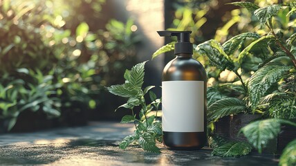 A sleek, dark glass bottle stands amongst lush green plants, suggesting a natural or organic product in a serene, sunlit environment.