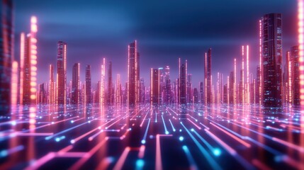 Futuristic Cityscape with Neon Lights and Digital Grid, Featuring Tall Skyscrapers and Vivid Glow in a Sci-Fi Inspired Urban Landscape