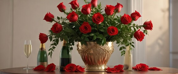Fototapeta premium Red roses and greenery intertwined with a champagne bottle in a decorative vase, greenery, fragrance