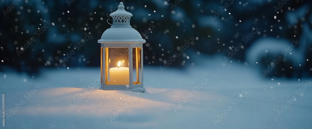 Poster a glowing lantern in the snow, creating a warm atmosphere in winter.