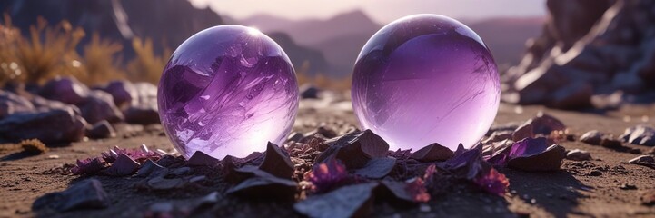 Fototapeta premium An ancient, weathered amethyst crystal ball lies on the ground, as if it had been plucked from the earth, mystical energy, amethyst crystal ball