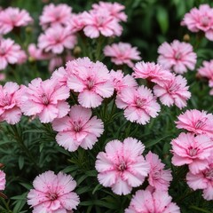 Pale pink Dianthus plumarius flowers in full bloom amidst lush greenery, blooming flowers, gardening