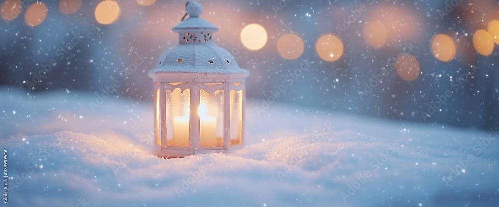 Poster a lantern glowing softly in the snow, creating a serene winter ambiance.