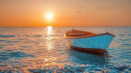 Fototapeta premium An old wooden boat rests gently on the sea near the shore, symbolizing tranquility, nostalgia, and a journey. The blurred background creates a sense of calm and contemplation, evoking memories of adve