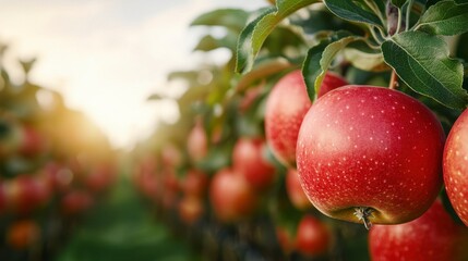 Obraz premium Vibrant Red Apples Hanging on Boughs in an Orchard During Sunrise, Capturing the Beauty of Nature's Harvest in a Picturesque Setting