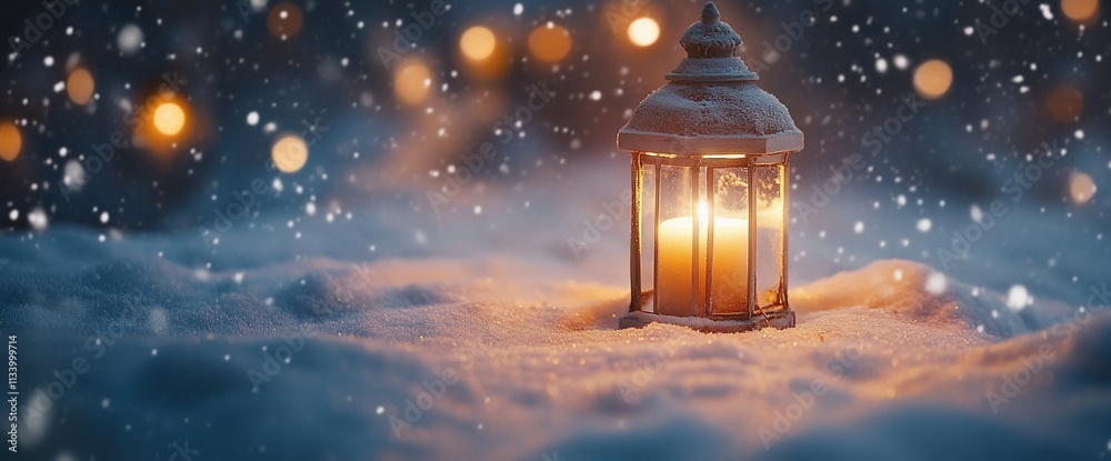 Poster a lantern glowing in the snow, creating a warm ambiance in a winter scene.