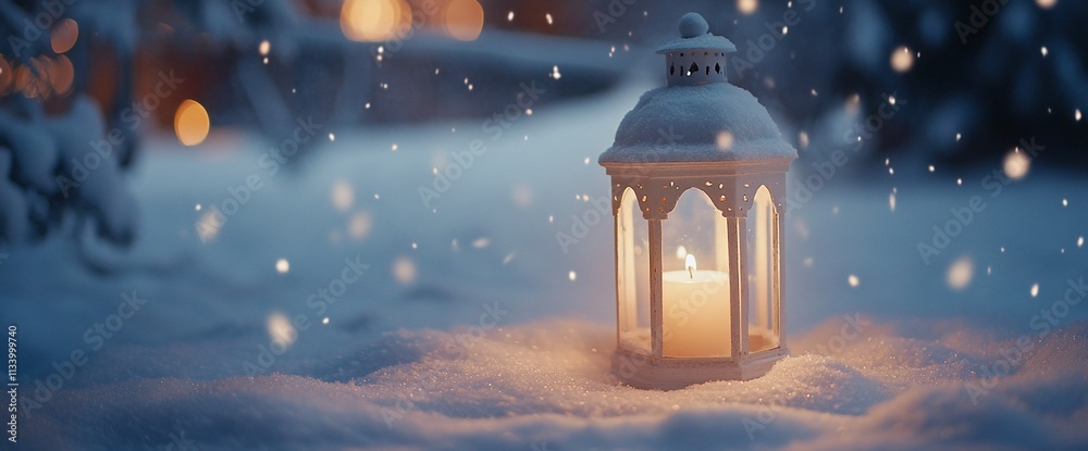 Poster a lantern glowing softly in a snowy landscape during snowfall.