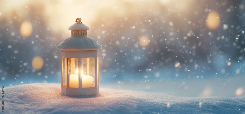 Poster a lantern with a candle glowing in the snow, creating a warm ambiance.