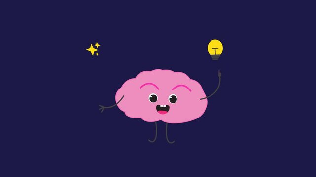Animated illustration of a cute cartoon brain with a cheerful expression. Great for educational materials, children's content or creative designs. Gives an imaginative and fun impression.