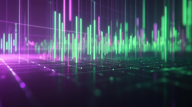 Neon green candlestick graph for 2025 with bright digital grid lines on a dark purple backdrop.