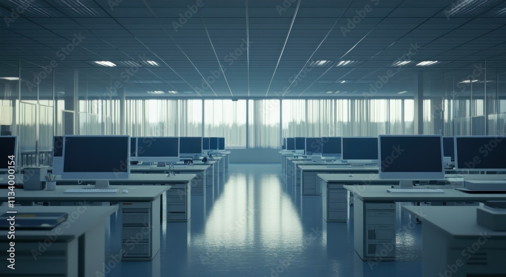 Leinwandbilder Empty modern office with rows of computers and large windows.