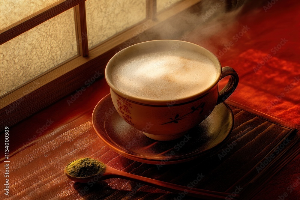 Poster steaming matcha latte in a ceramic cup on a wooden table near a window.