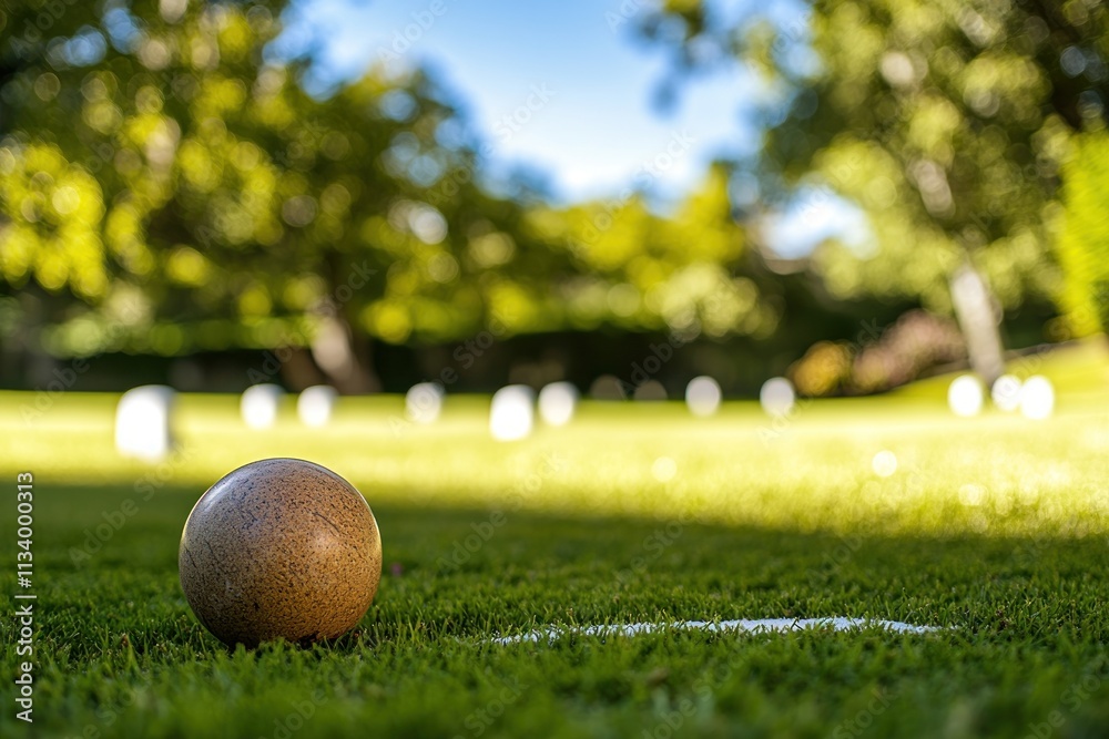 Poster close-up of a brown bocce ball on a green lawn with other balls and trees in the background.