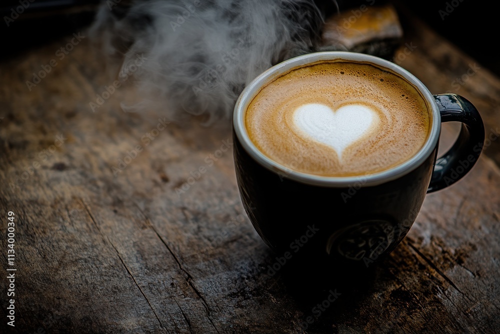 Poster steaming latte art in a dark mug on rustic wood.