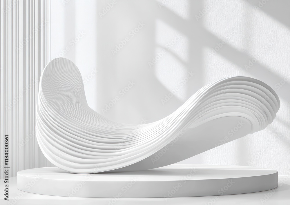 Poster abstract white wave form on pedestal, minimalist design, sunlight shadows.