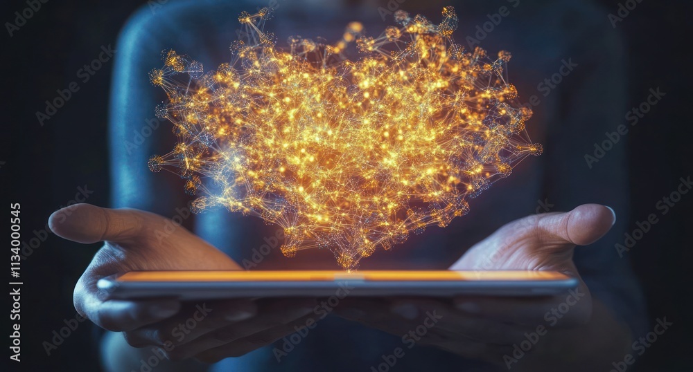 Poster Glowing heart-shaped digital network data above tablet.