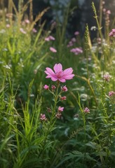 Obraz premium Small delicate pink flower blooming among tall grass and weeds , flora, weed