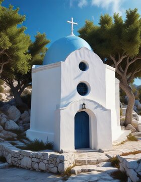 Small whitewashed chapel on Kerkis mountain in Samos, Greece, with a blue-domed roof and a tranquil environment , whitewashed chapel, natural beauty