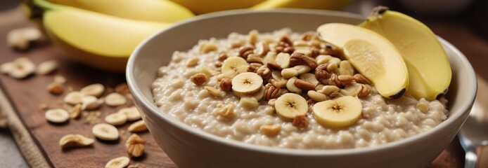 Fototapeta premium A drizzle of honey on top of a warm bowl of oatmeal with sliced bananas and chopped nuts, food, fragrance, oatmeal