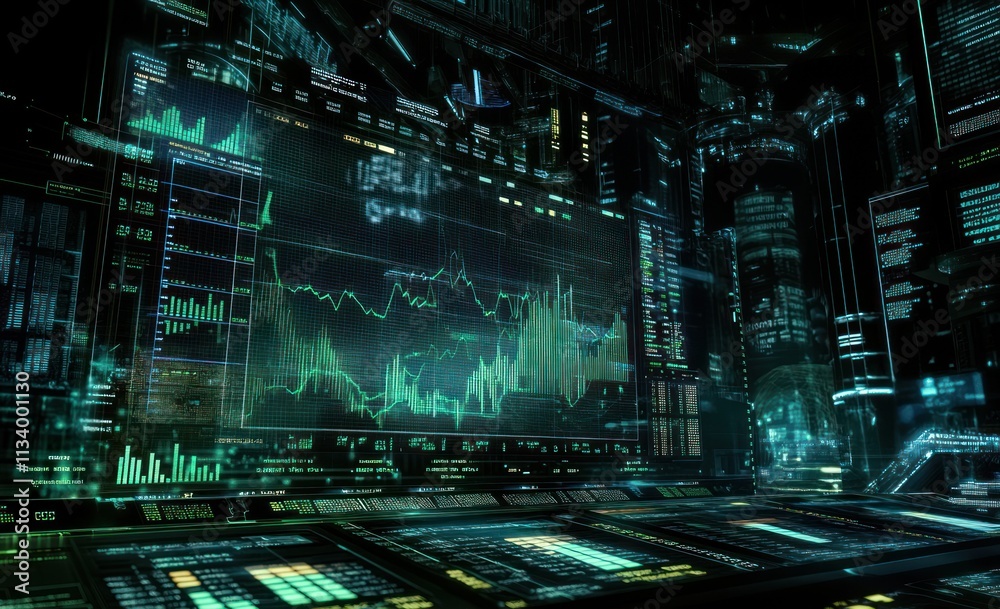 Poster Futuristic digital interface with financial data graphs and charts on multiple screens.