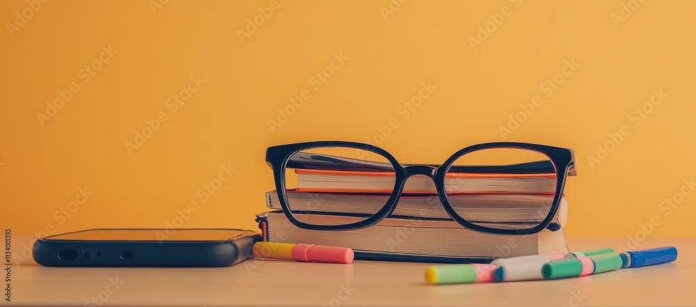 Poster eyeglasses rest on a stack of books, next to a phone and colorful markers against a yellow backgroun