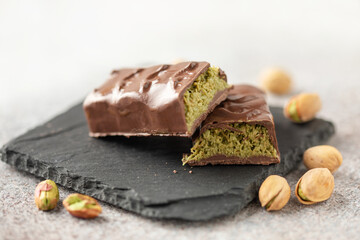 Dubai chocolate  with green kataifi and pistachio paste. Trend dessert
