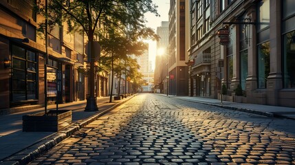 Obraz premium Serene downtown district during early morning hours, empty streets and soft sunlight, vertical orientation.
